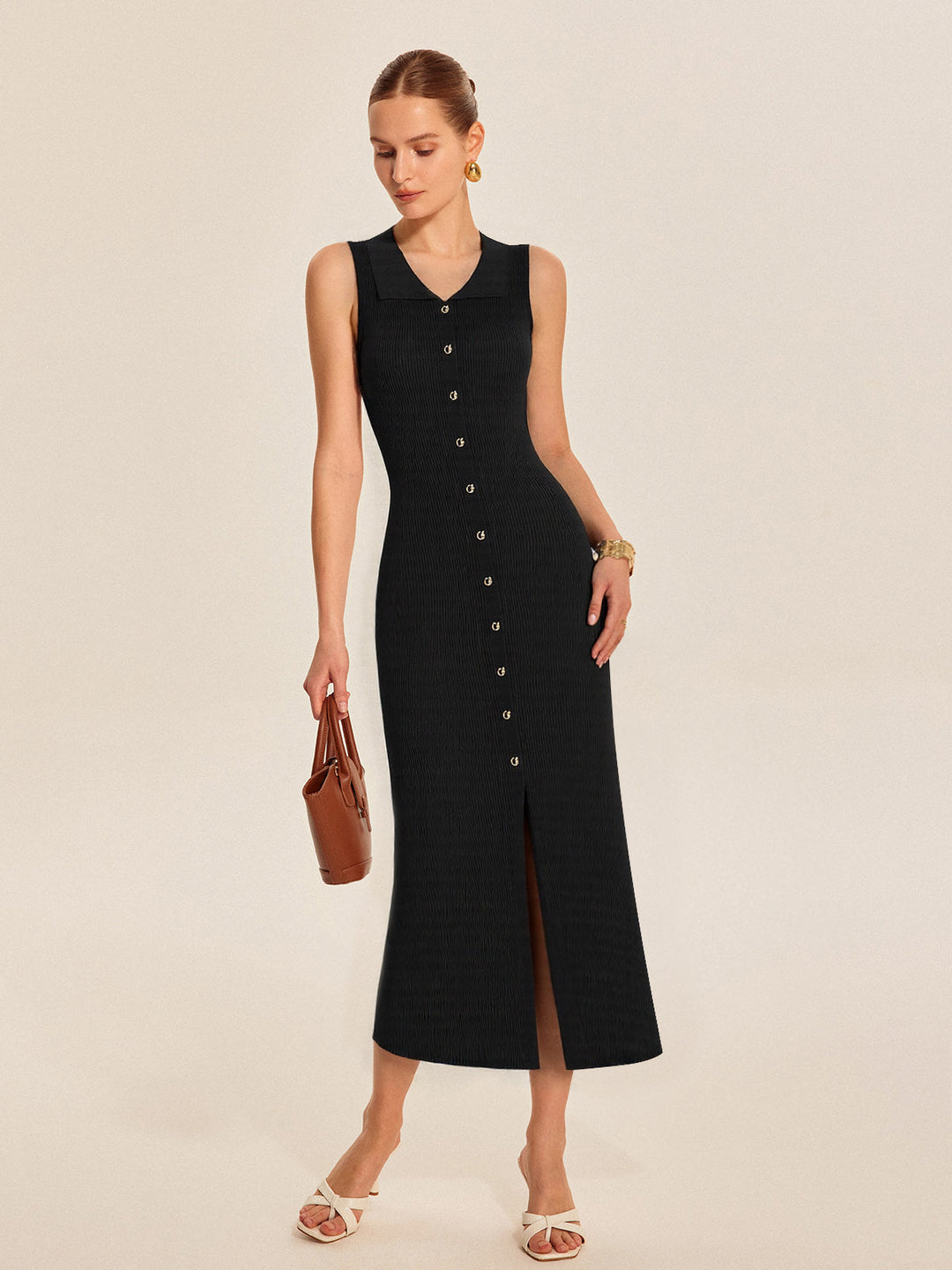Robe mi-longue boutonnée en tricot côtelé
