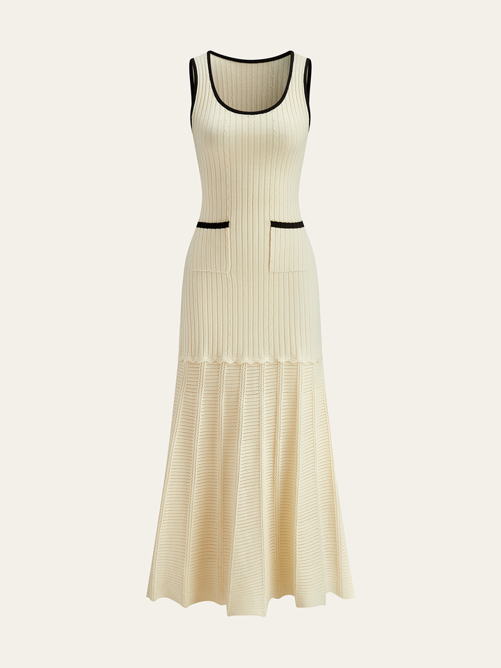 Robe Mi-longue en Maille à Garniture Contrastée et Poches