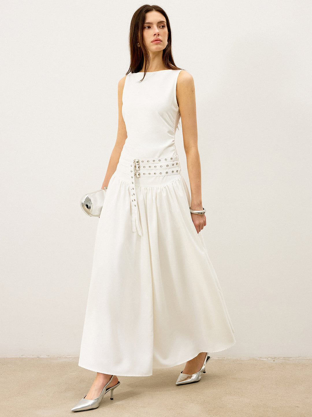 Robe Maxi à Col Bateau et Multi-Ceintures Taille Basse