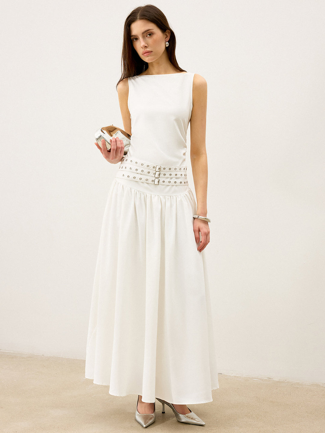 Robe Maxi à Col Bateau et Multi-Ceintures Taille Basse