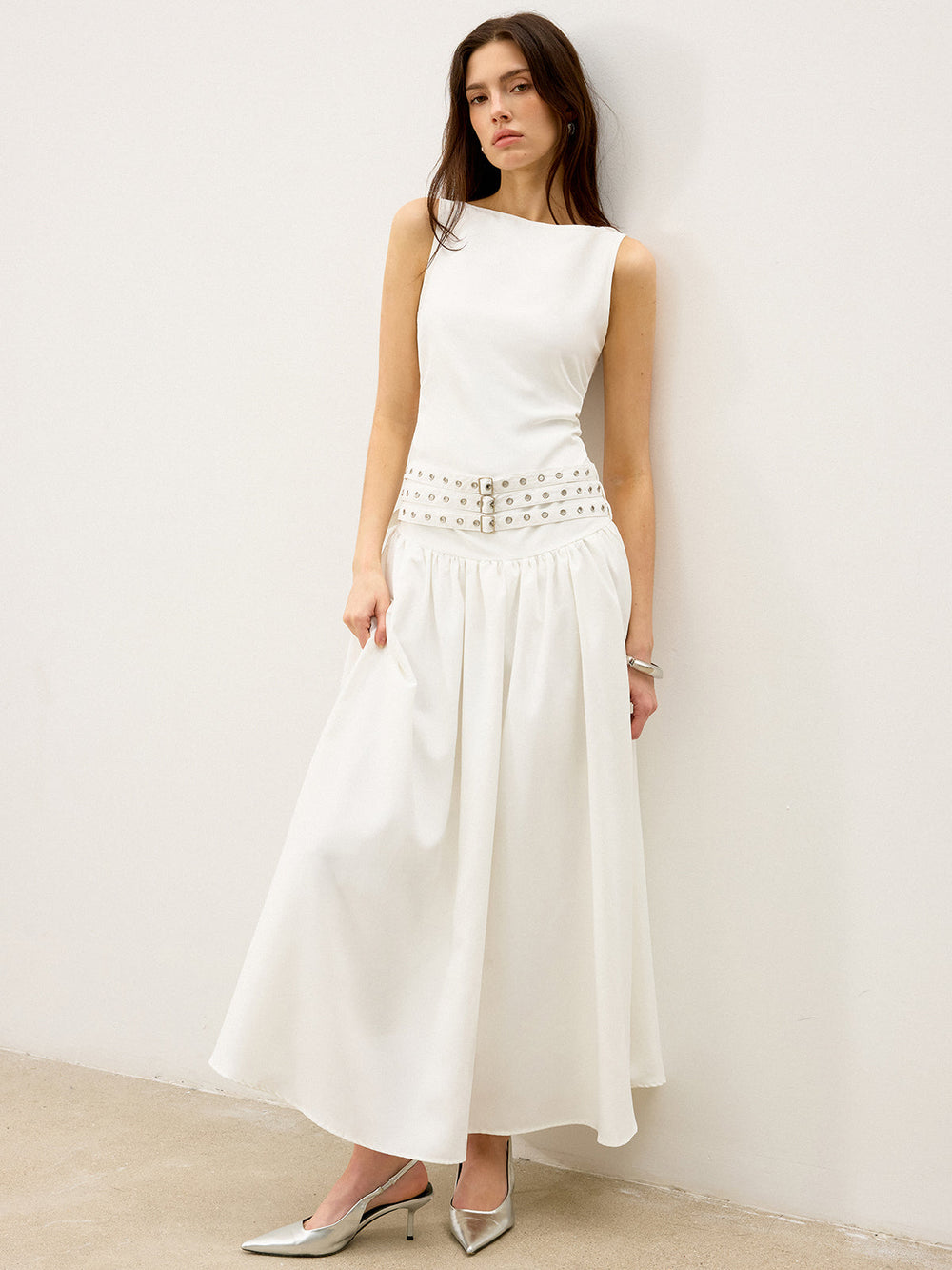 Robe Maxi à Col Bateau et Multi-Ceintures Taille Basse
