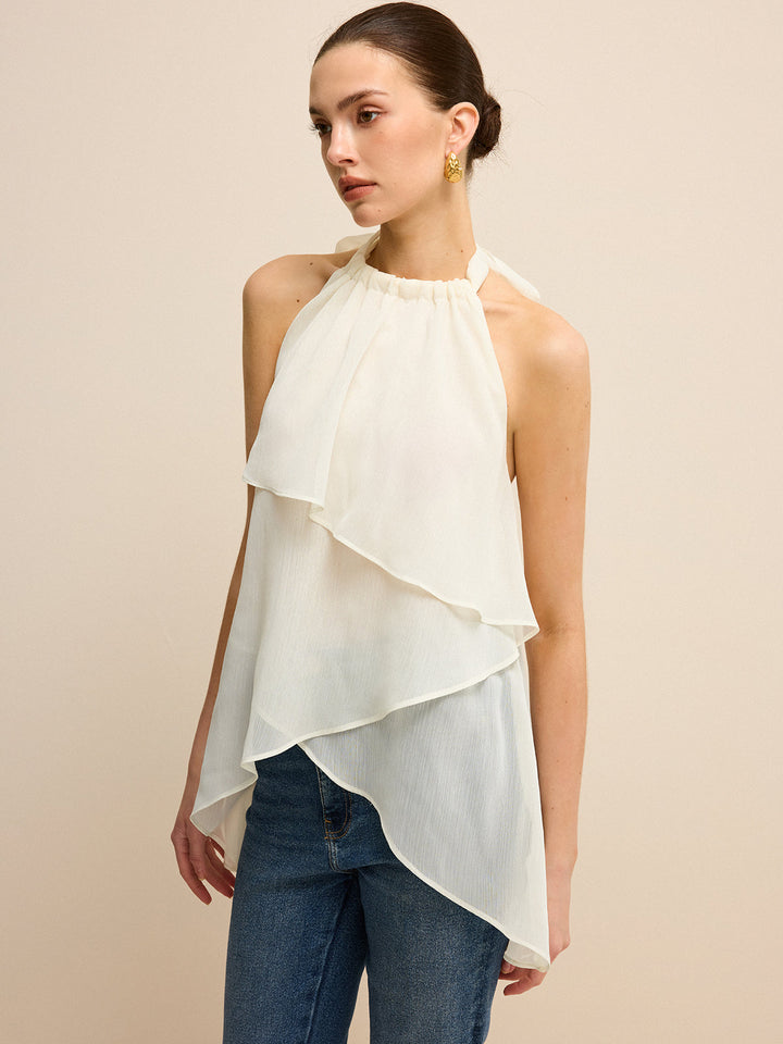 Haut asymétrique à col bénitier en mousseline superposée semi-transparente