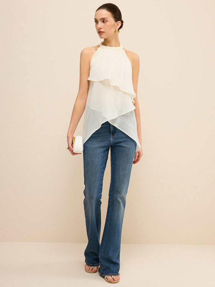 Haut asymétrique à col bénitier en mousseline superposée semi-transparente