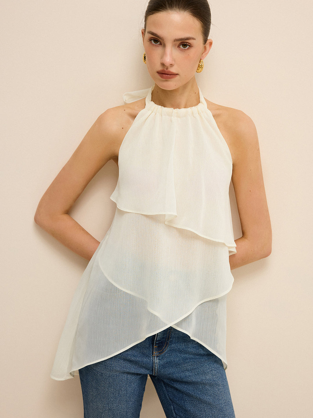 Haut asymétrique à col bénitier en mousseline superposée semi-transparente
