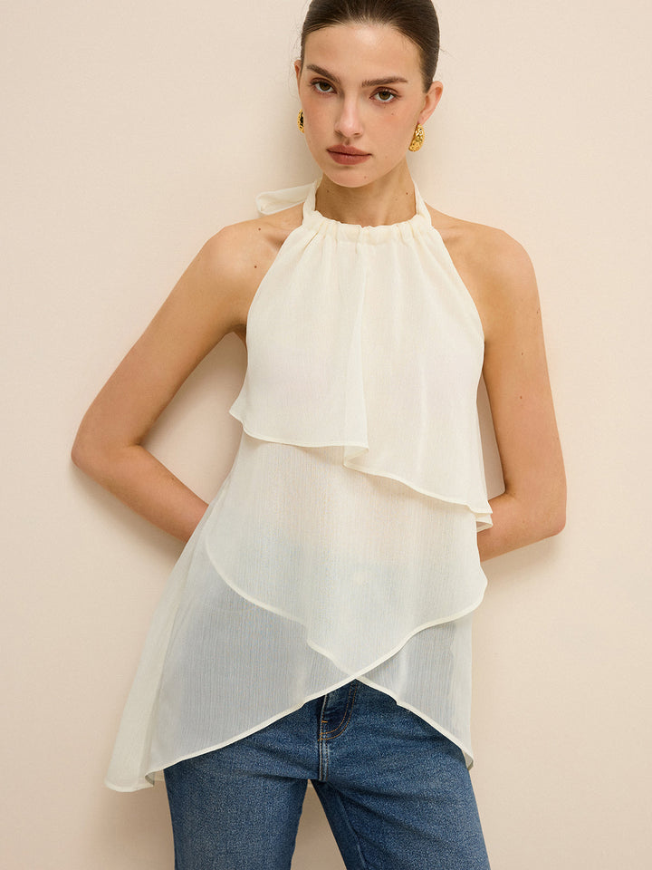 Haut asymétrique à col bénitier en mousseline superposée semi-transparente