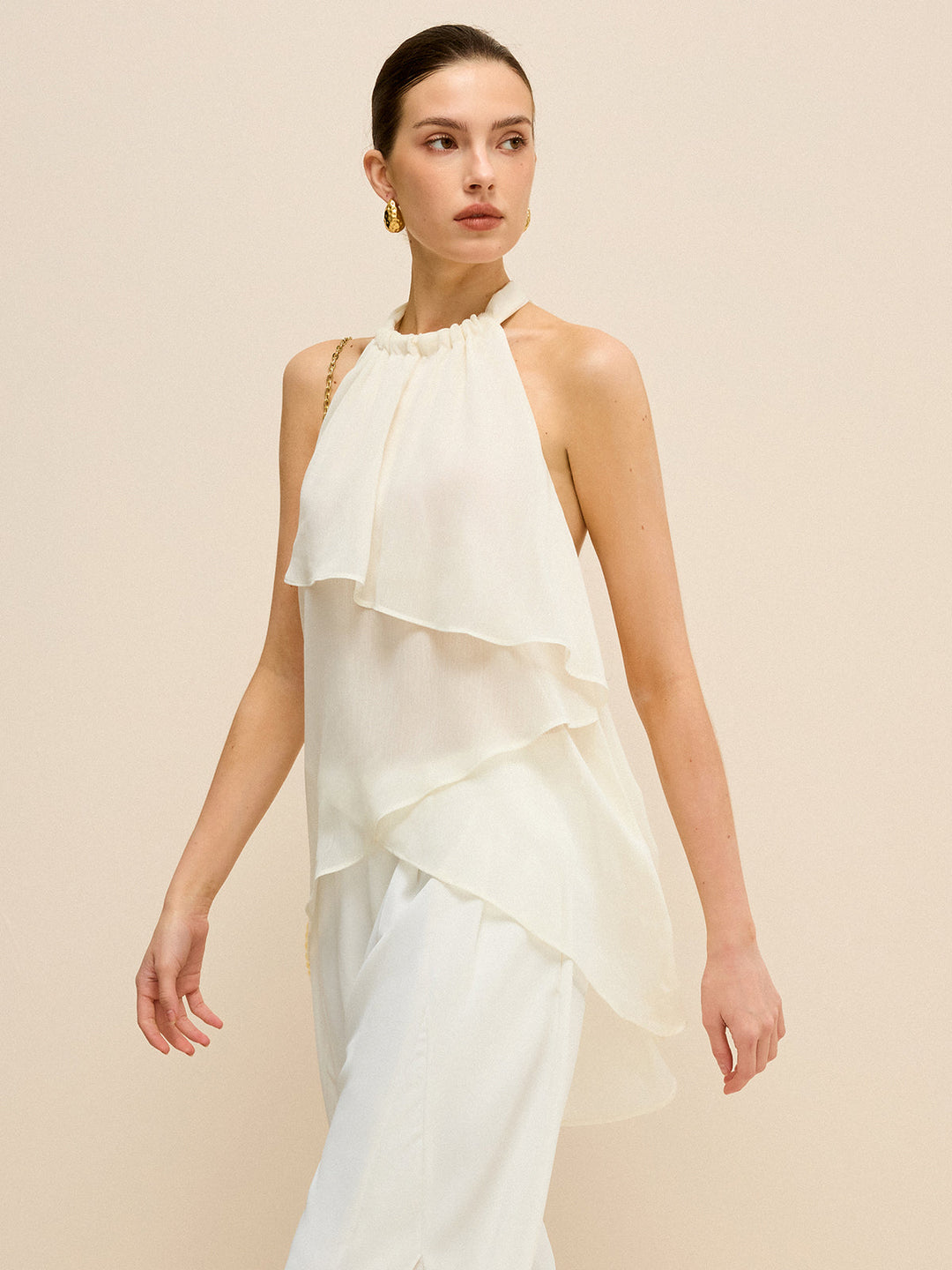 Haut asymétrique à col bénitier en mousseline superposée semi-transparente