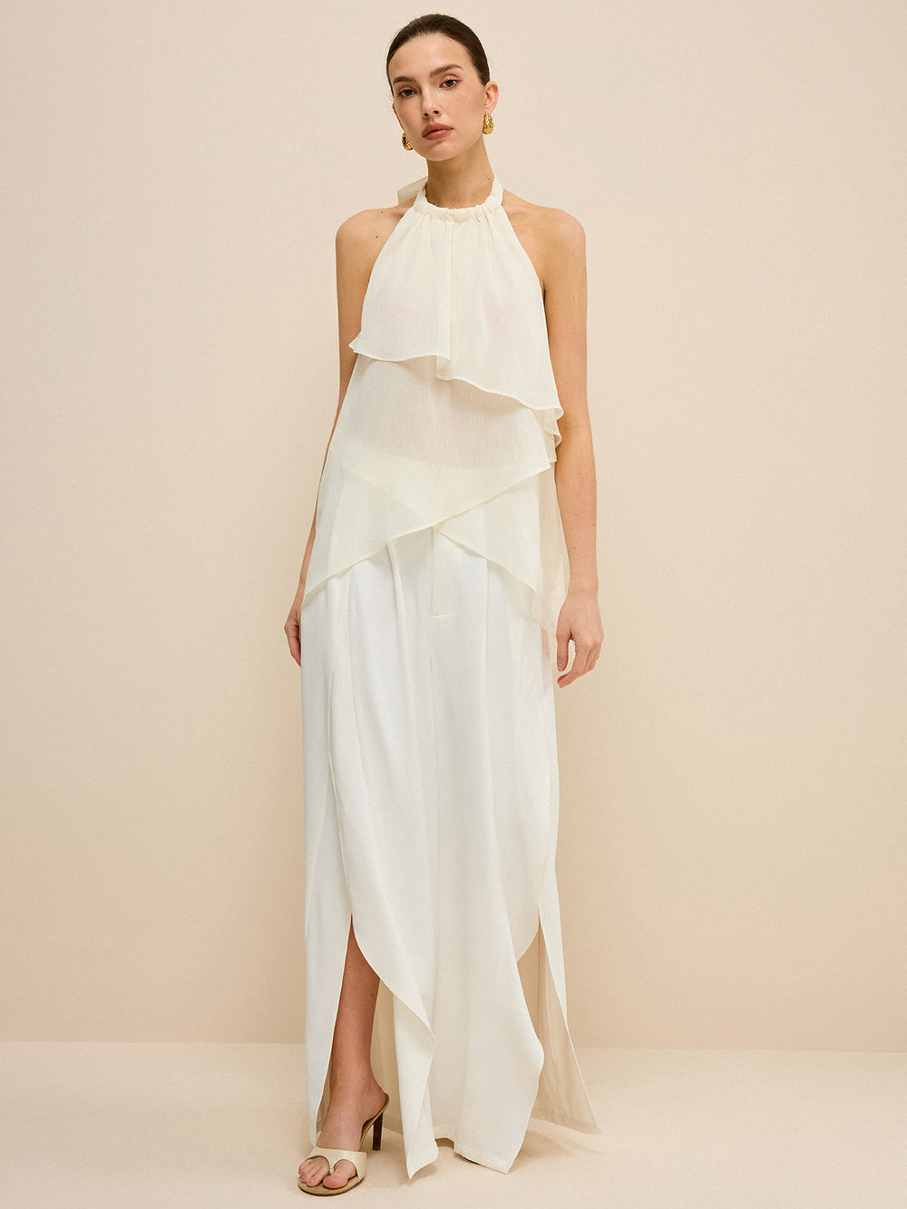 Haut asymétrique à col bénitier en mousseline superposée semi-transparente