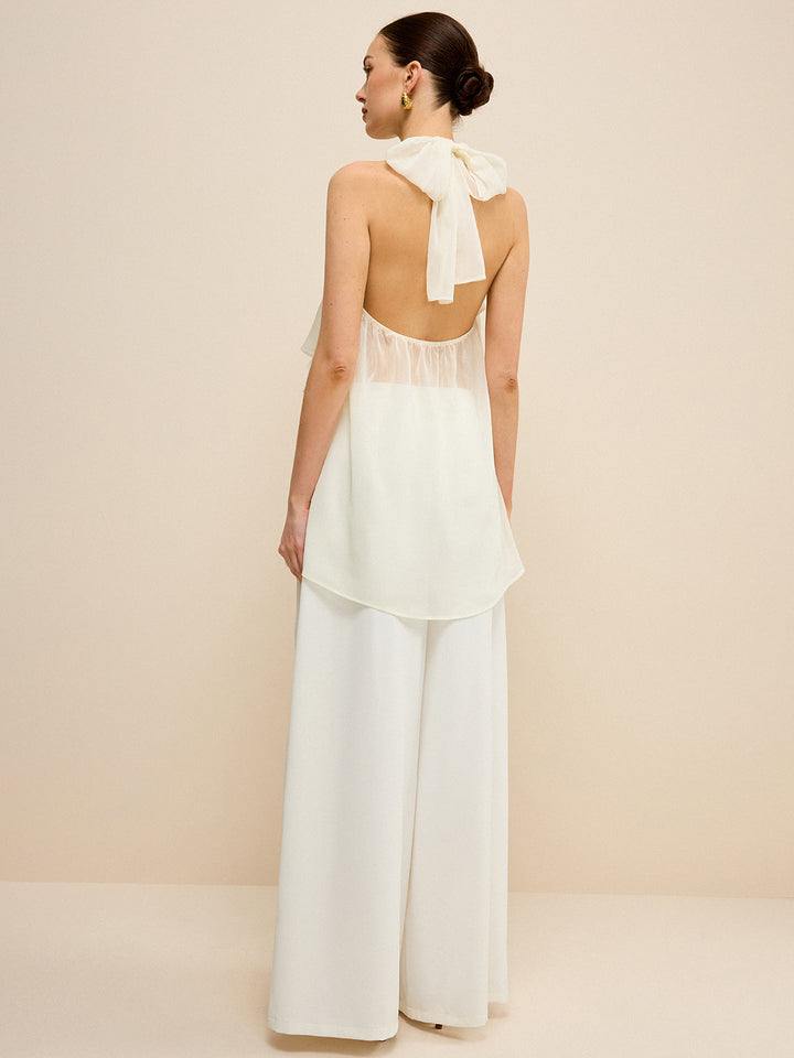 Haut asymétrique à col bénitier en mousseline superposée semi-transparente