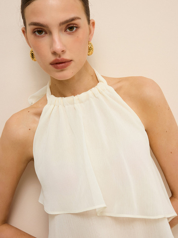 Haut asymétrique à col bénitier en mousseline superposée semi-transparente