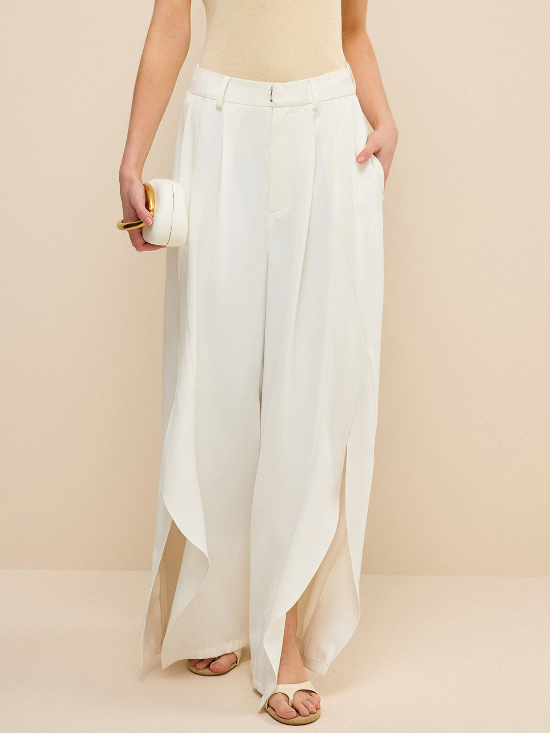 Pantalon large taille mi-haute avec fentes latérales