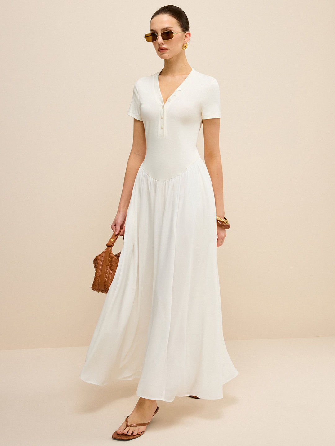 Robe Longue à Col en V et Patte de Boutonnage