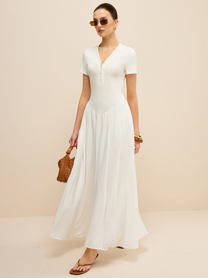 Robe Longue à Col en V et Patte de Boutonnage