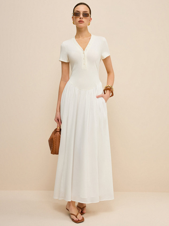 Robe Longue à Col en V et Patte de Boutonnage