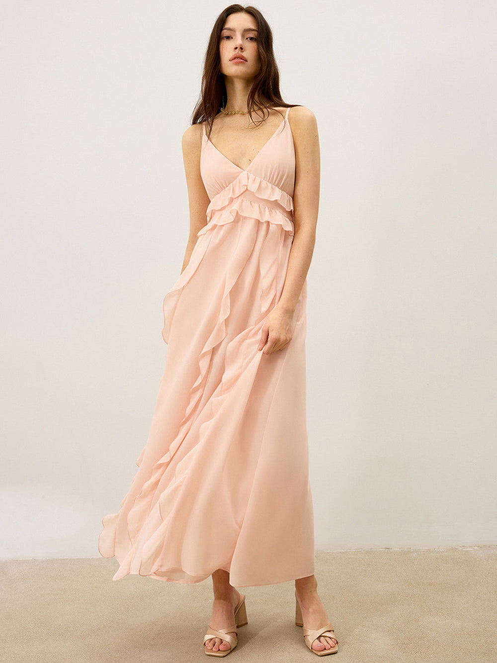 Robe Longue Semi-Transparente en Mousseline avec Volants
