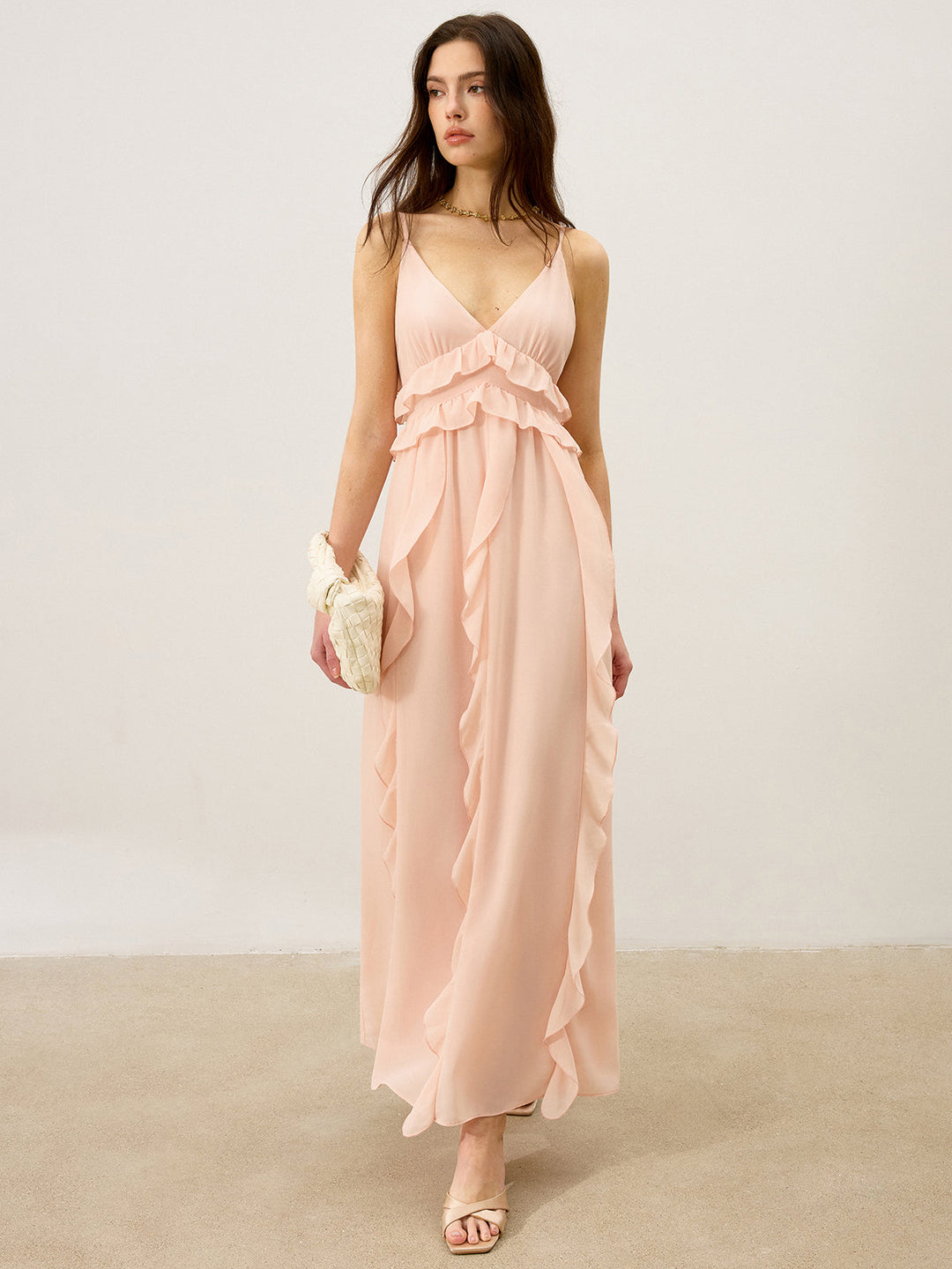 Robe Longue Semi-Transparente en Mousseline avec Volants