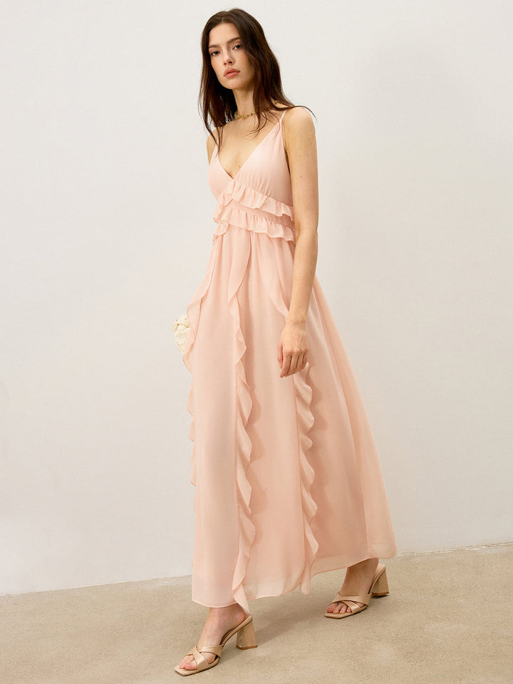 Robe Longue Semi-Transparente en Mousseline avec Volants