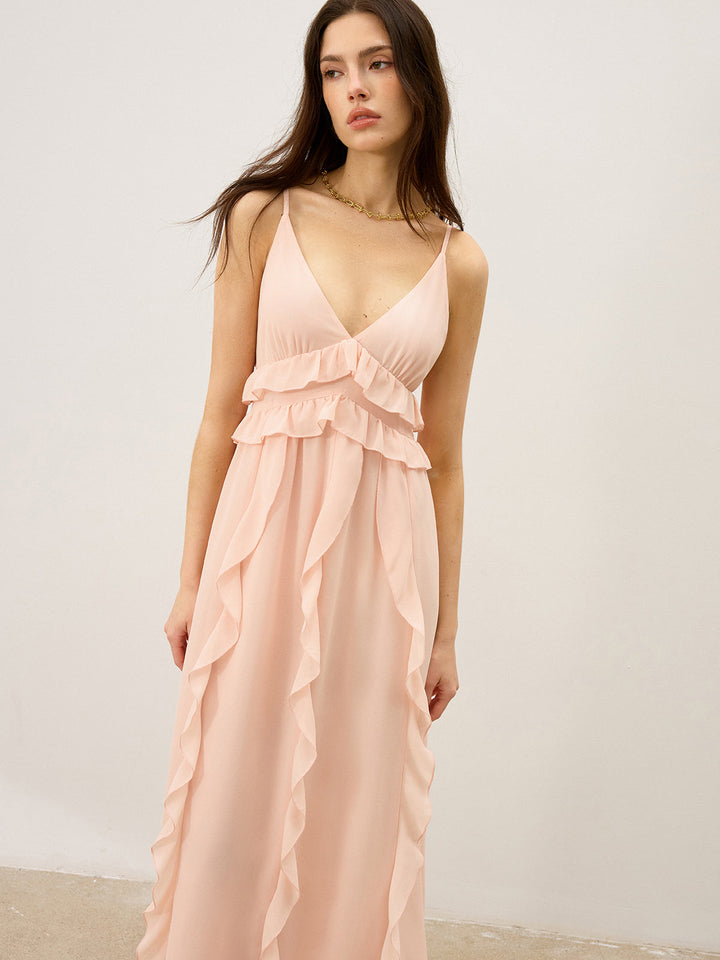 Robe Longue Semi-Transparente en Mousseline avec Volants