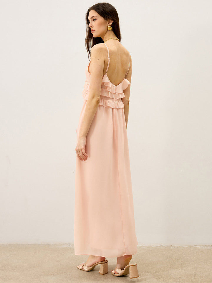 Robe Longue Semi-Transparente en Mousseline avec Volants