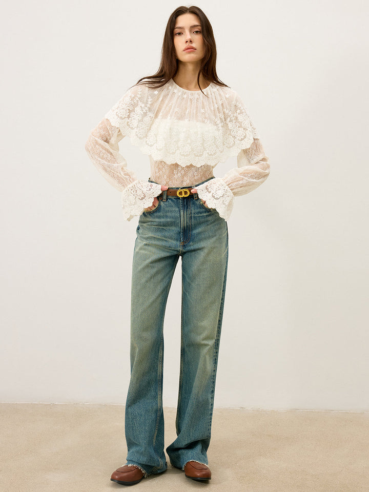 Blouse à manches évasées en dentelle avec volants semi-transparents