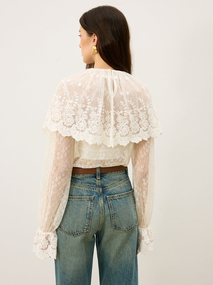 Blouse à manches évasées en dentelle avec volants semi-transparents