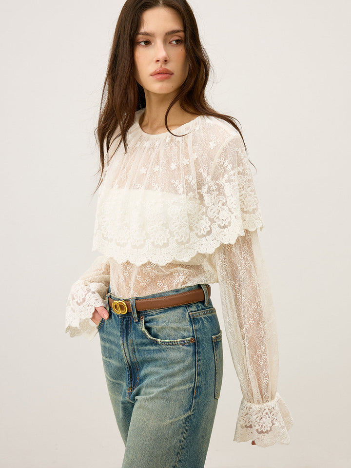 Blouse à manches évasées en dentelle avec volants semi-transparents