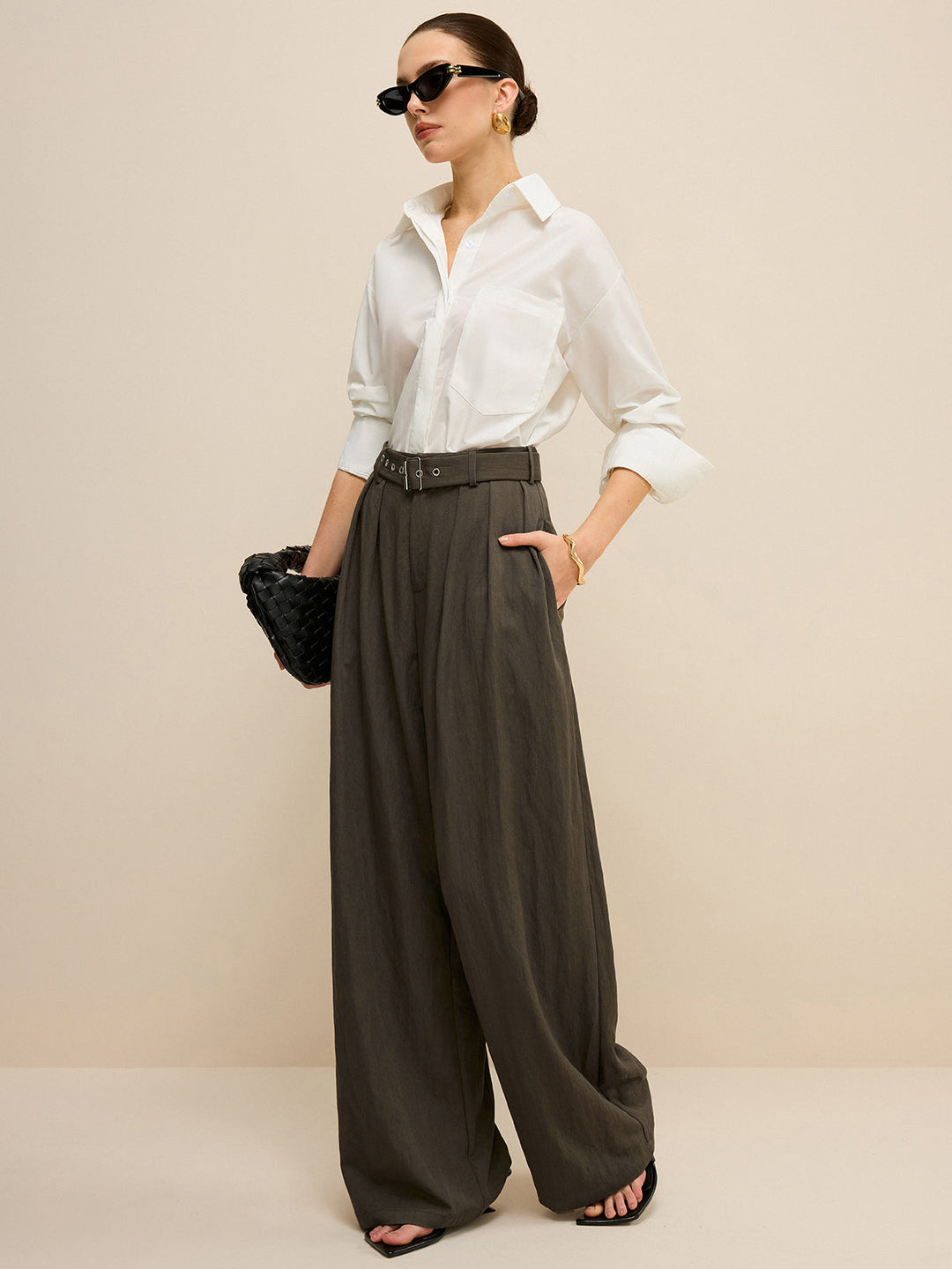 Pantalons Patte d'éléphant Ceinturés Vert Armée