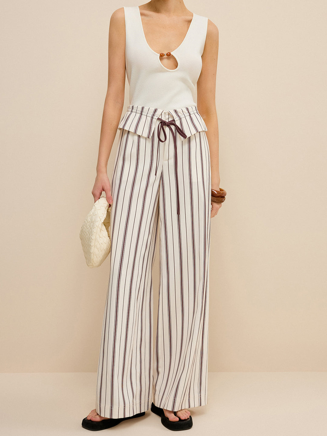 Pantalons Amples à Rayures avec Taille Peplum