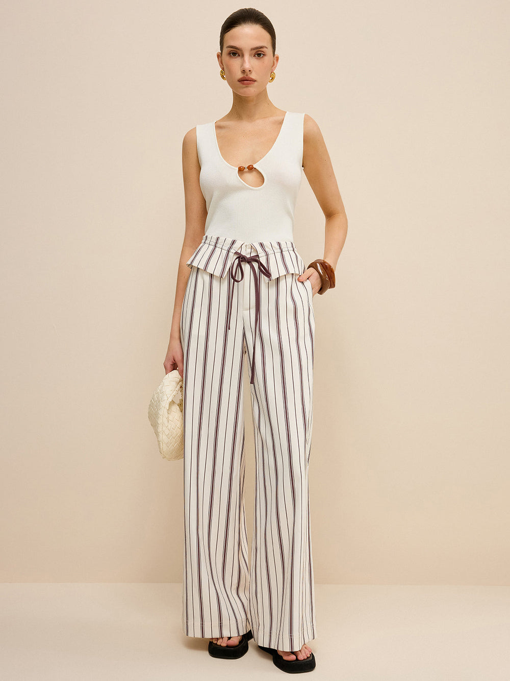 Pantalons Amples à Rayures avec Taille Peplum