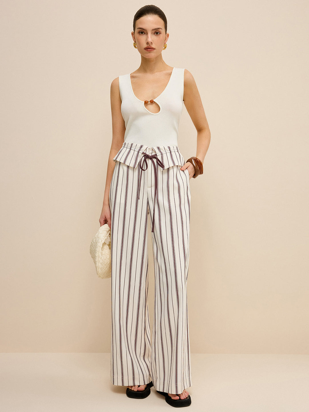 Pantalons Amples à Rayures avec Taille Peplum