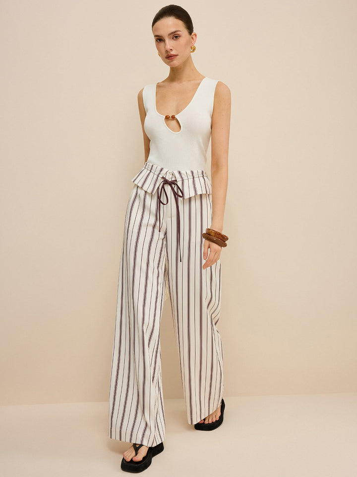Pantalons Amples à Rayures avec Taille Peplum
