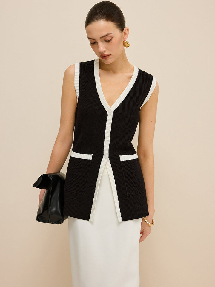 Gilet en tricot à col en V et bordure contrastée