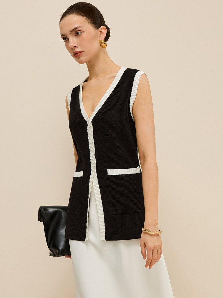 Gilet en tricot à col en V et bordure contrastée