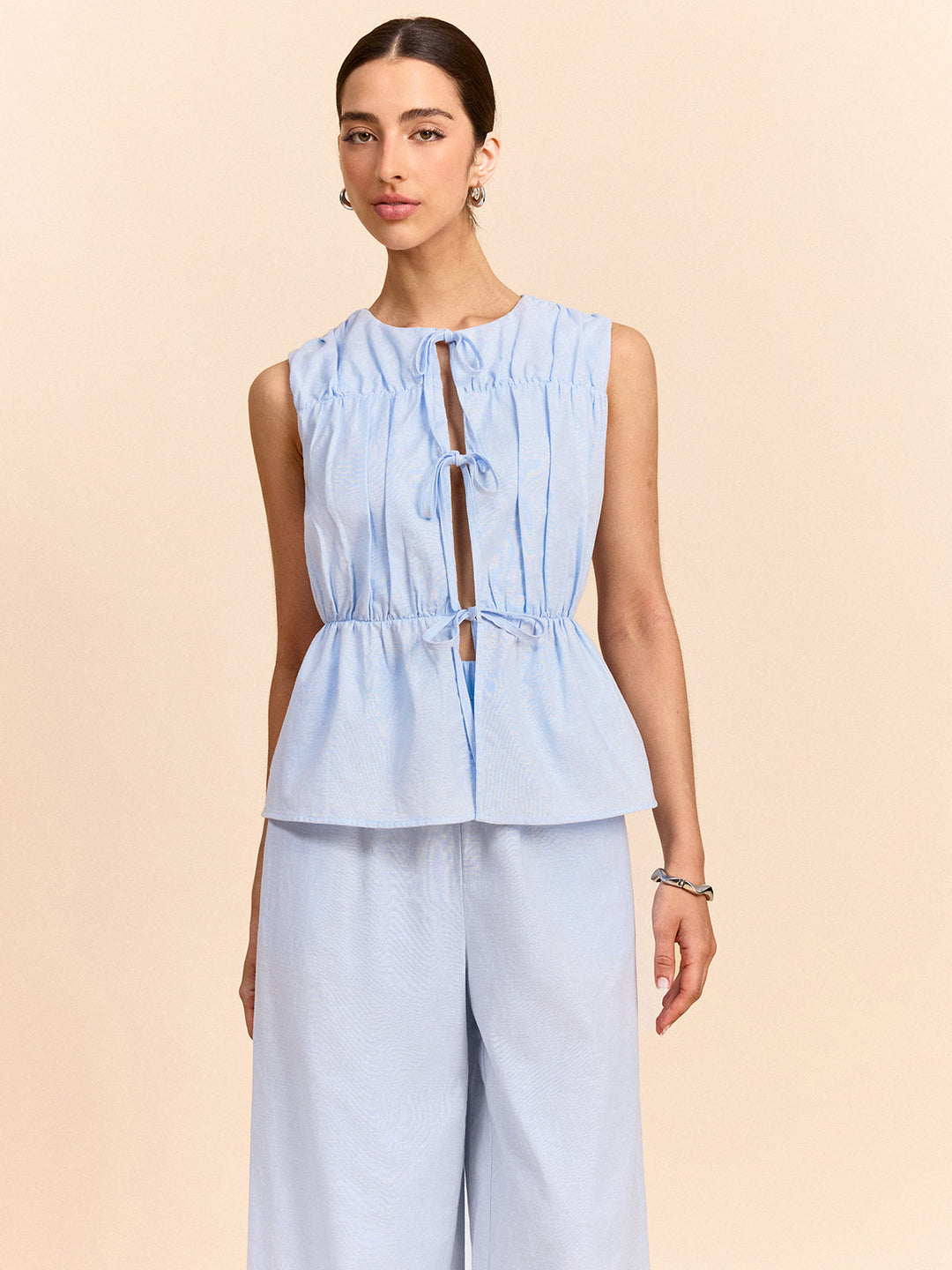 Ensemble pantalon en lin et coton noué à l'avant