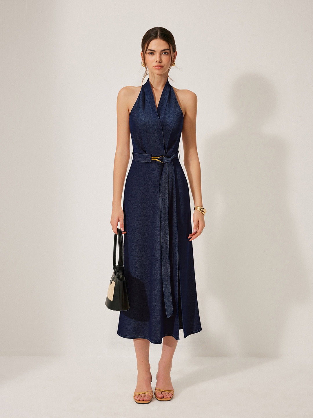 Robe Mi-Longue Ceinture Col Bardot en Jean