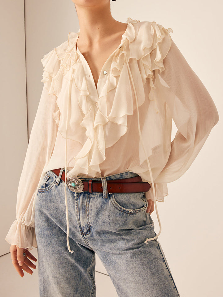Blouse Bardot Semi-Transparente à Volants en Mousseline
