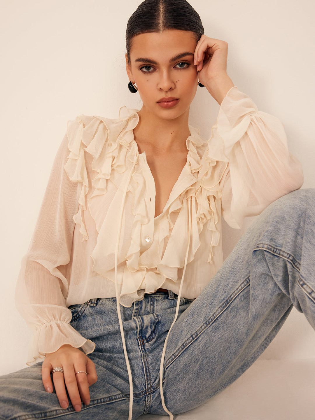 Blouse Bardot Semi-Transparente à Volants en Mousseline