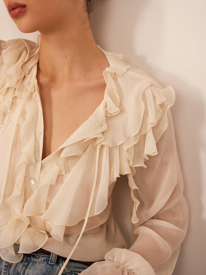 Blouse Bardot Semi-Transparente à Volants en Mousseline