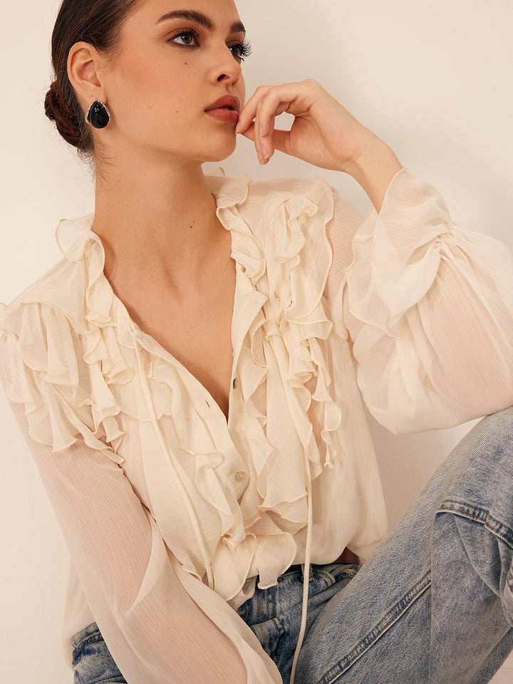 Blouse Bardot Semi-Transparente à Volants en Mousseline