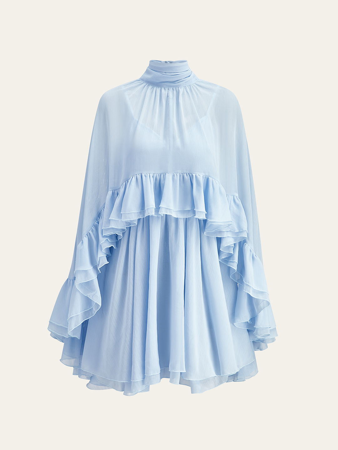Robe mi-transparente en mousseline avec volants et cape extérieure