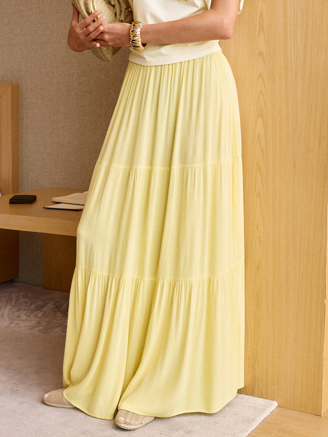 Jupe Maxi à Volants avec Taille Élastique Semi-Transparente