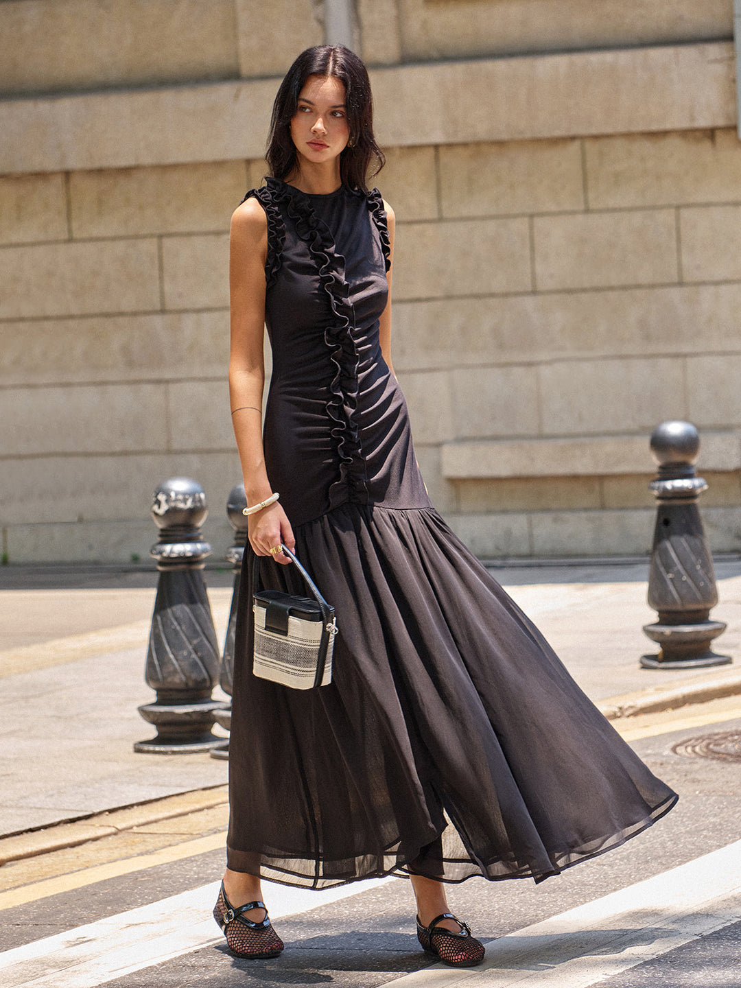 Robe Maxi Détaillée à Volants et Ruchage sur le Devant