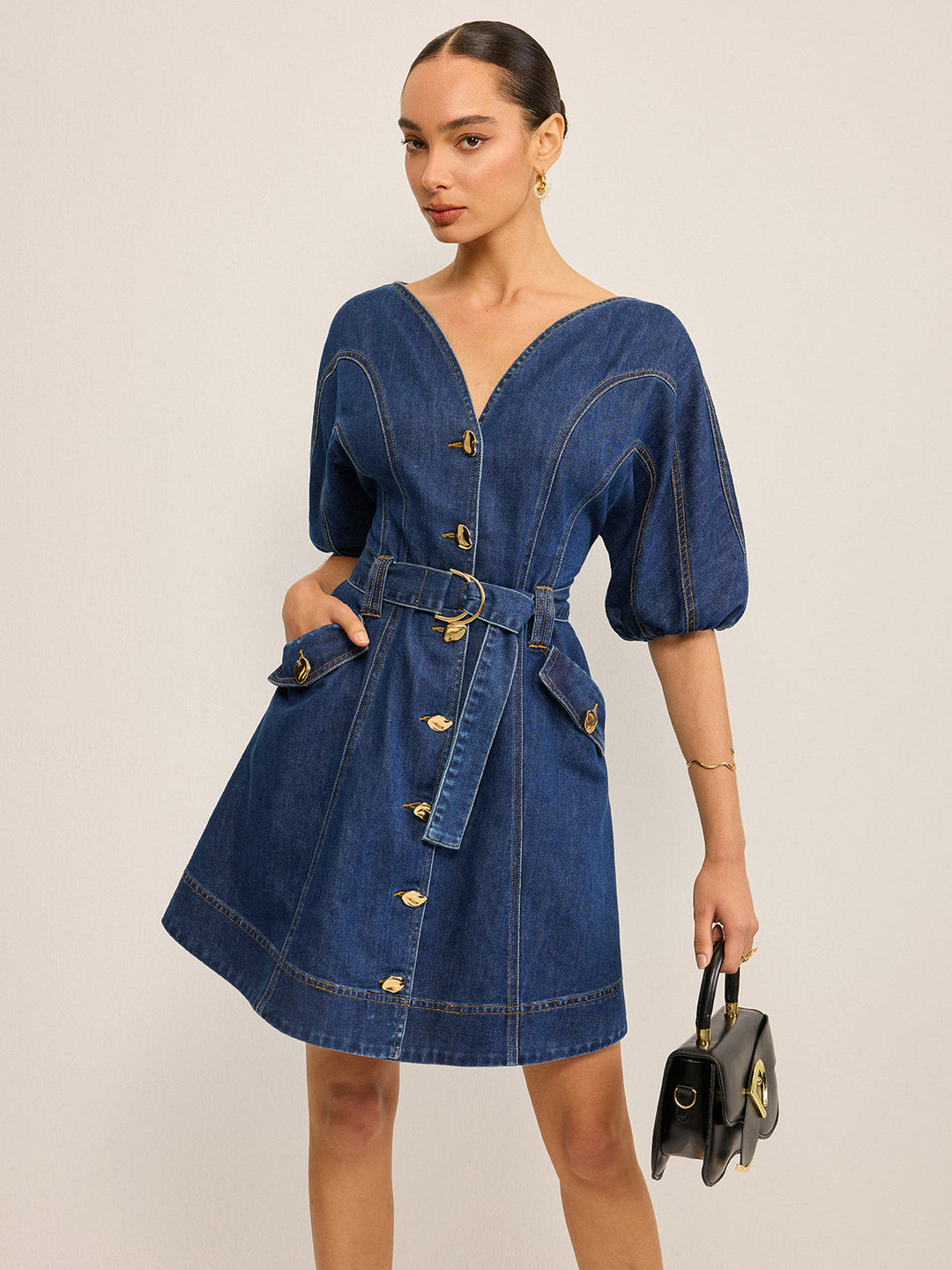 Robe Patte de boutonnage en jean avec ceinture