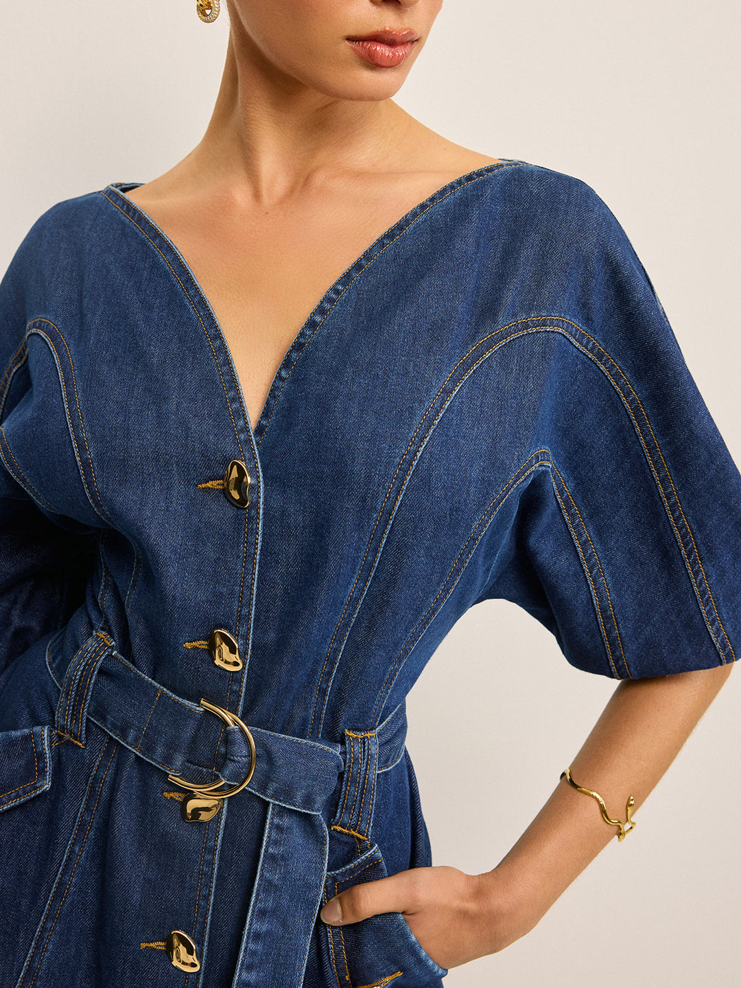 Robe Patte de boutonnage en jean avec ceinture