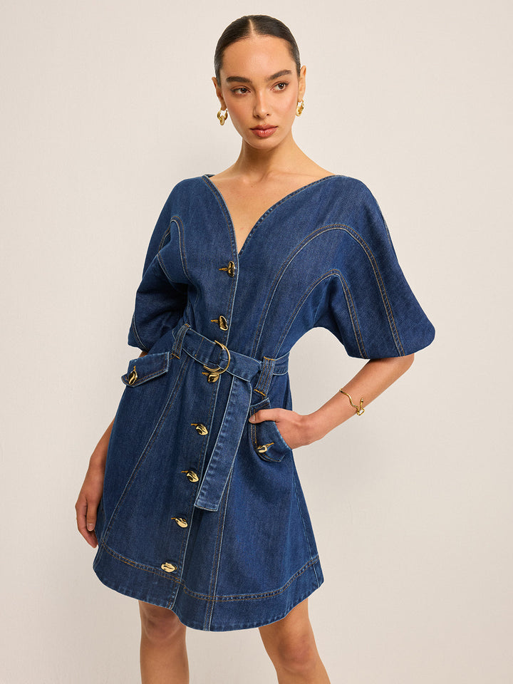 Robe Patte de boutonnage en jean avec ceinture