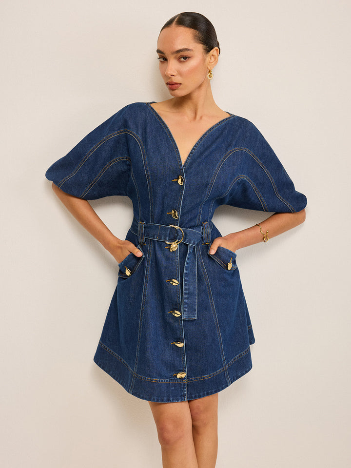 Robe Patte de boutonnage en jean avec ceinture