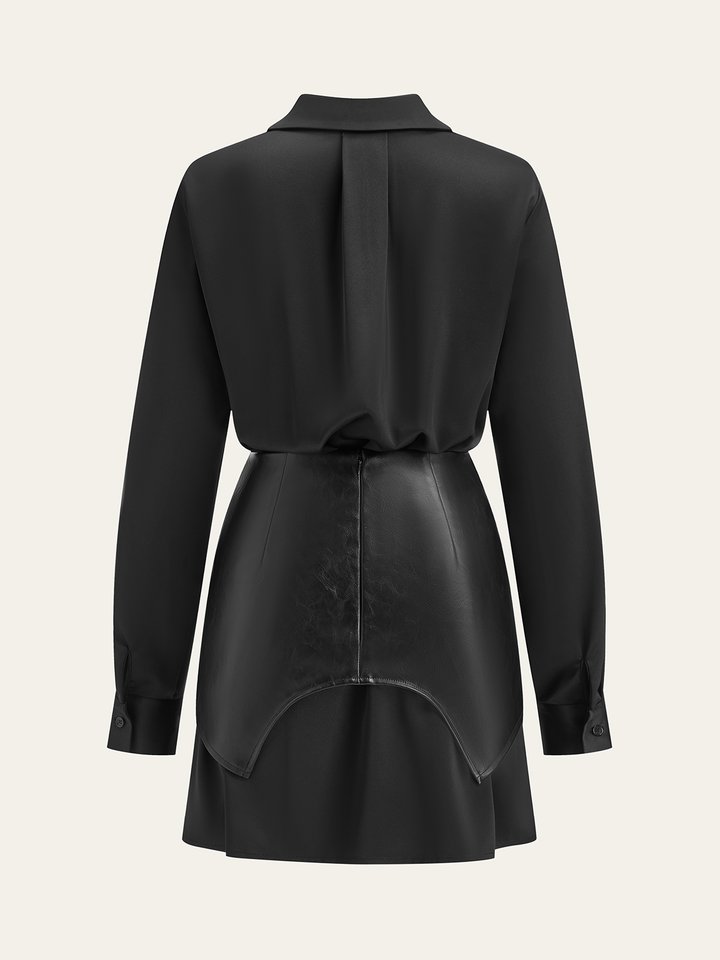 Robe Chemise Satinée avec Superposition en Similicuir