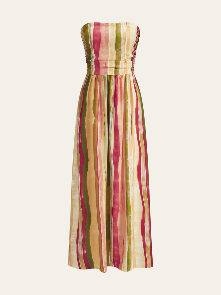 Robe Longue Sans Bretelles en Coton Rayé Coloré