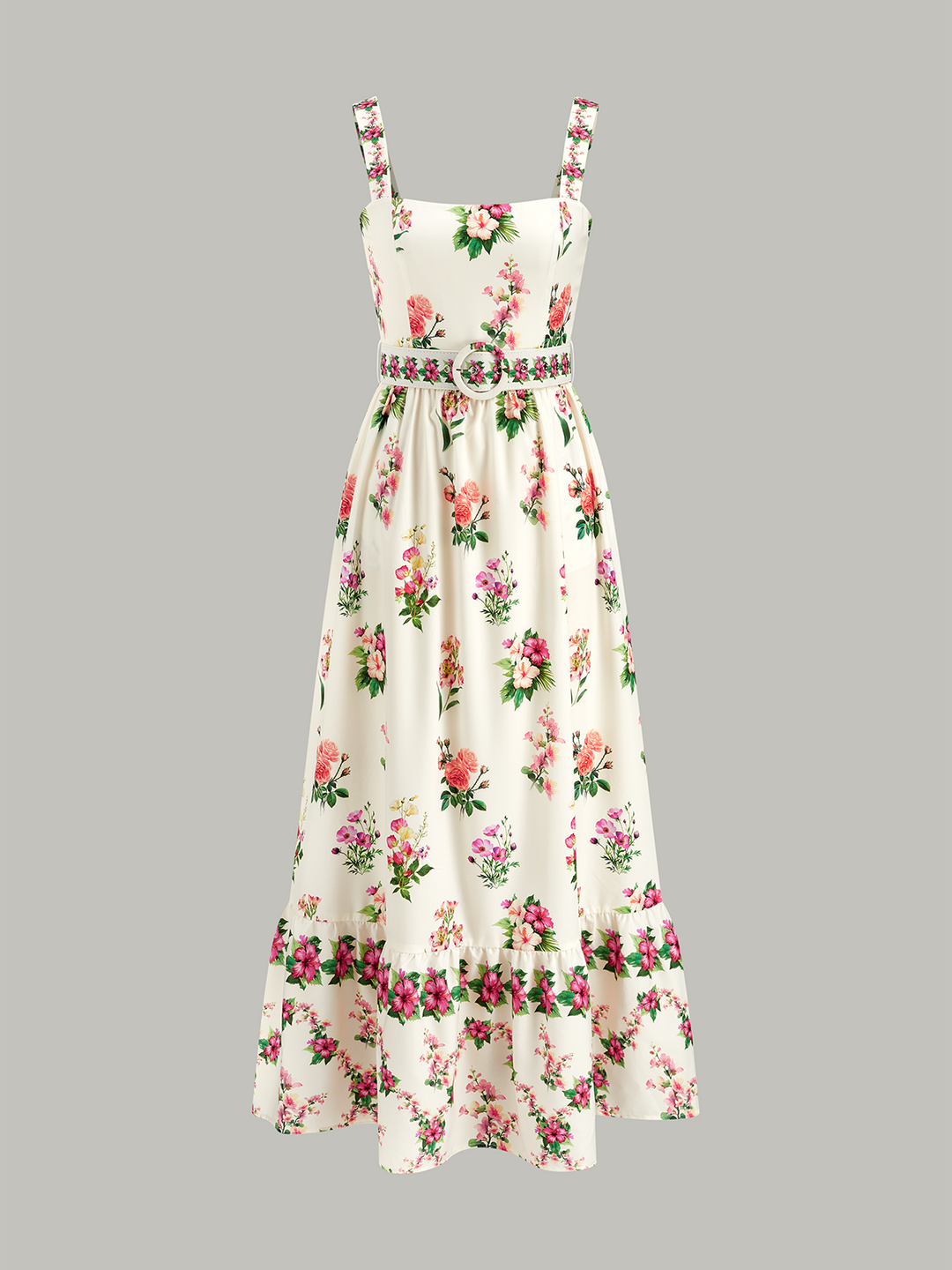 Robe mi-longue ceinturée à imprimé floral