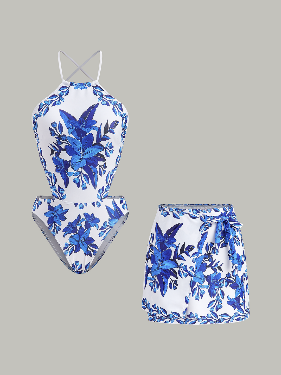Maillot de bain une pièce à dos lacé imprimé floral avec jupe de couverture