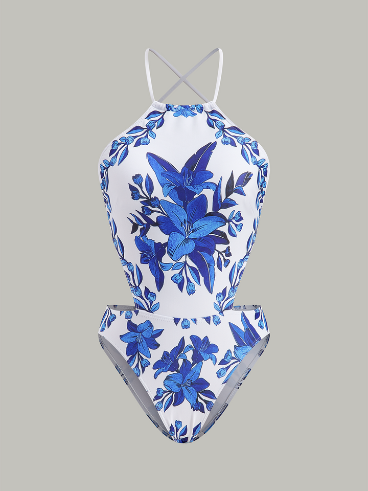 Maillot de bain une pièce à dos lacé imprimé floral avec jupe de couverture